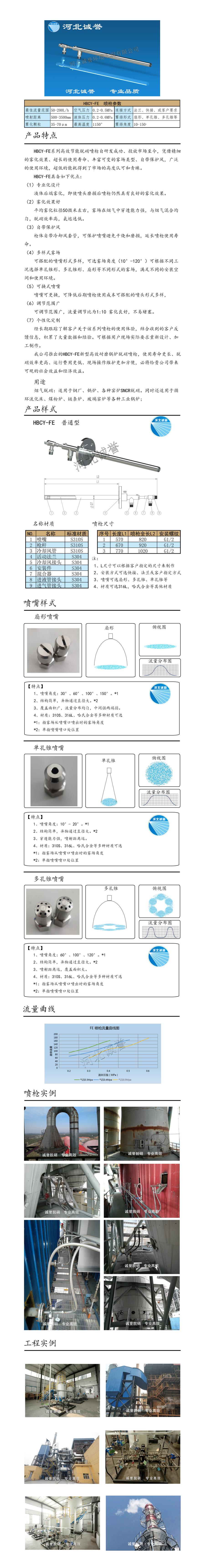 電廠脫硝噴槍保護(hù)套、噴槍參數(shù)、材質(zhì)尺寸、流量分布圖、扇形空心錐俯視圖介紹，以及噴槍霧化視頻展示和工程案例介紹